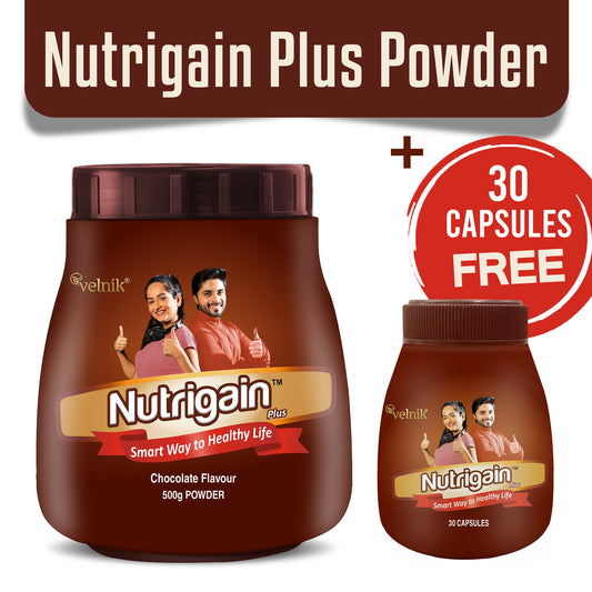 Nutrigain Plus Ayurvedic Weight Gain Powder – Natural Nutrition Supplement for Healthy Weight Gain + 30 Capsules FREE