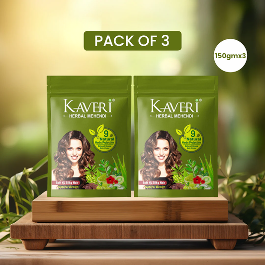 Kaveri Herbal Mehendi Natural Brown Hair Color – 100% Herbal Henna Powder for Soft & Shiny Hair (150g x 3 Pack)
