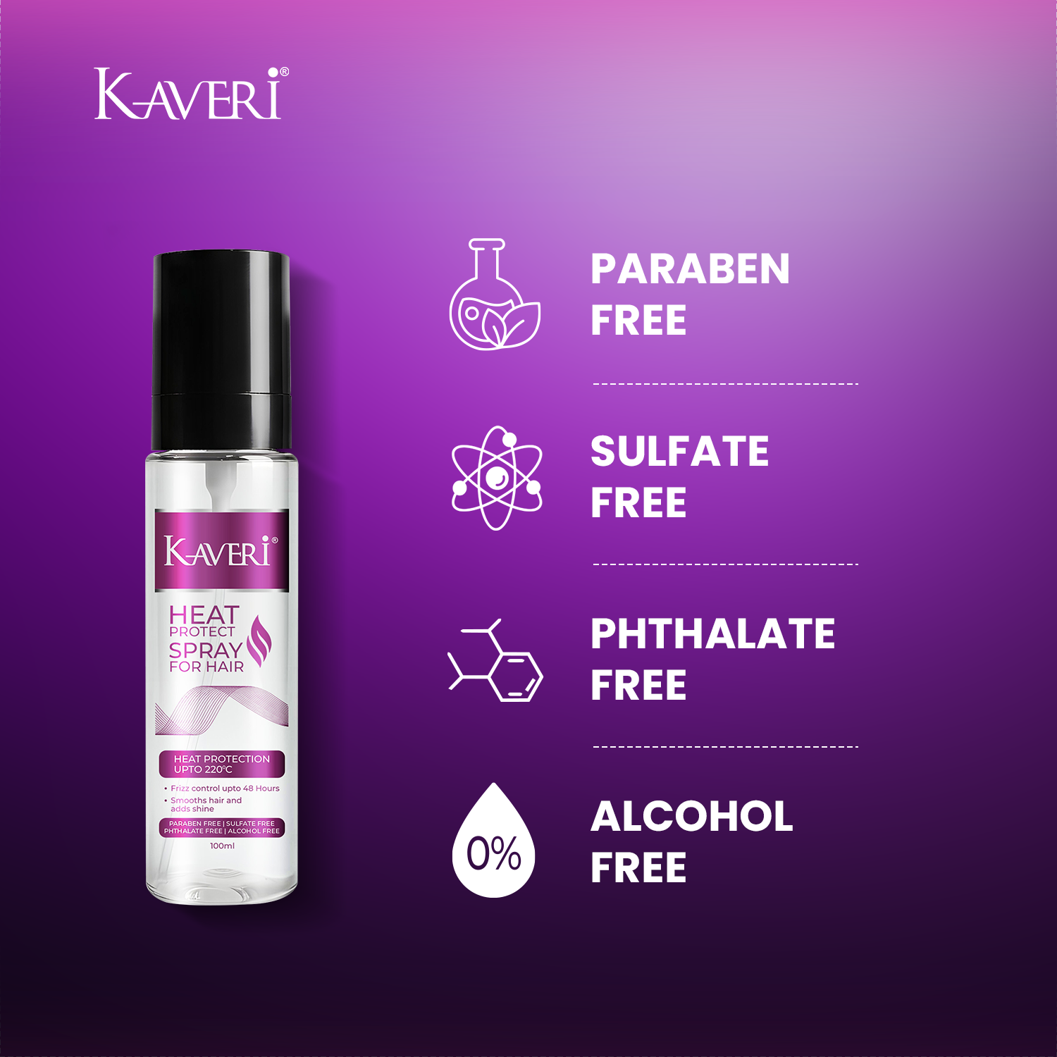 Kaveri Heat Protect Spray for Hair | Heat Protection up to 220°C | Reduces Frizz up to 48 Hours | Adds Shine & Smoothness | Paraben, Sulphate, Alcohol Free | 100 ml