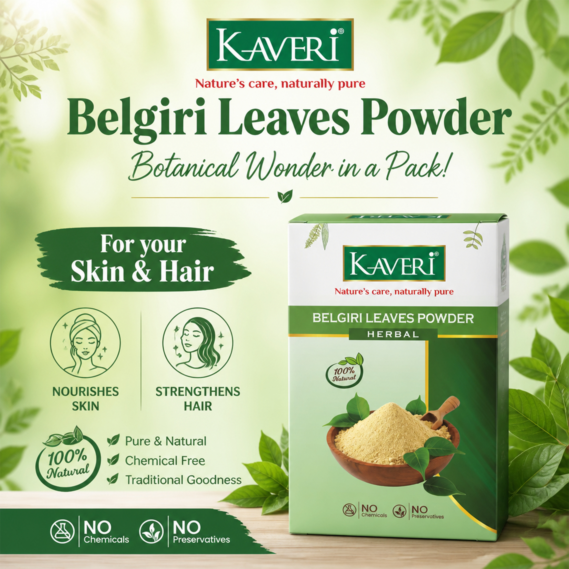 Kaveri Belgiri Leaves Powder | Natural Bael Leaf Powder for Skin & Hair Care | Herbal Face Pack | Scalp Care & Hair Mask| Chemicals & Preservatives Free 200g