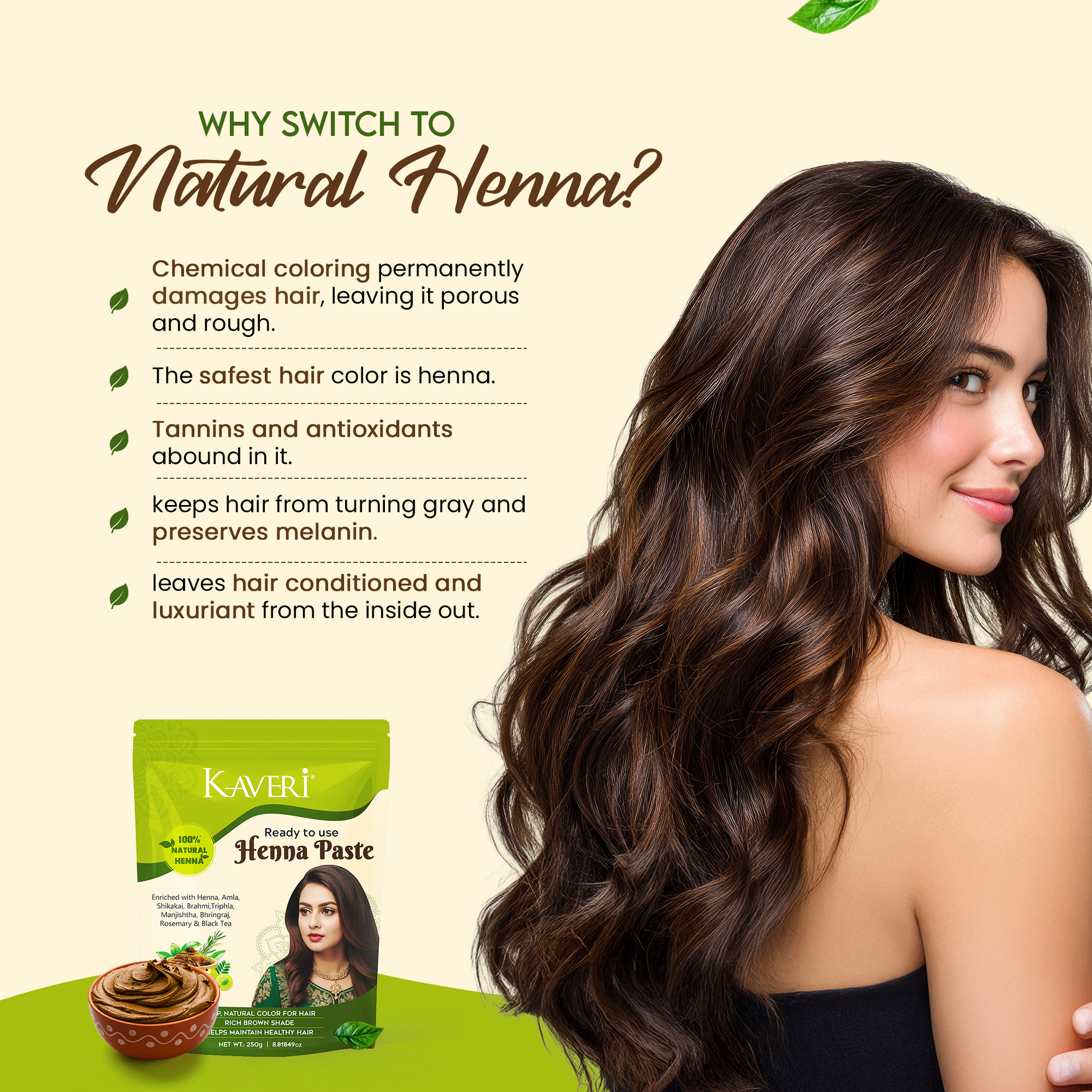 KAVERI Ready to Use Henna Paste for Hair | Natural Hair Color with Henna, Amla & Shikakai | Rich Brown Shade | No Chemicals | Helps Nourish & Strengthen Hair | 250g