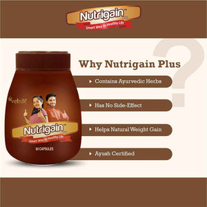 Nutrigain Plus Ayurvedic Weight Gainer Supplement Powder and Capsules 500 gm Powder with 60 Capsules Combo.