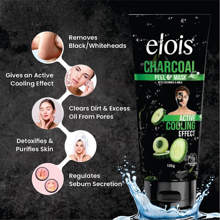 Elois Charcoal Peel Off Face Mask for Men & Women | Removes Blackheads and Whiteheads | Active Cooling Effect | Deep Skin Purifying Cleansing (100 gm)