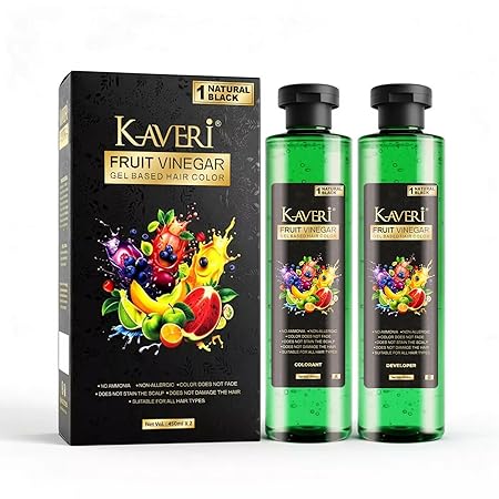Kaveri Fruit Vinegar Gel Hair Color Natural Black Hair Dye for Men & Women | No Ammonia & No Harsh PPD Long-Lasting Colour Gentle on Scalp For 100% Grey Coverage 450ml x 2