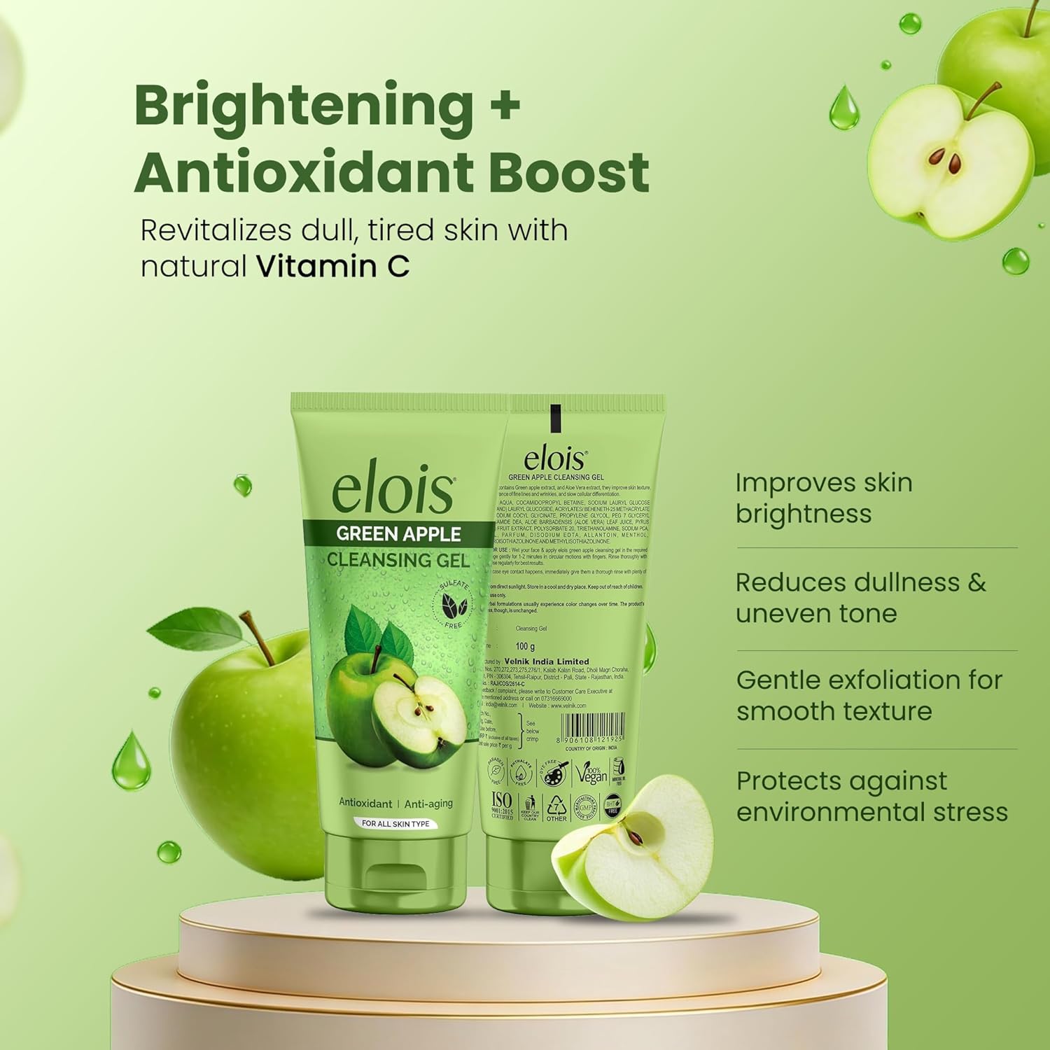 Elois Face Cleanser Gel Foaming Face Wash For Deep Cleansing & Hydrating With Green Apple Extract For Oily Acne Prone Skin For Men Women & Girls – 100gm