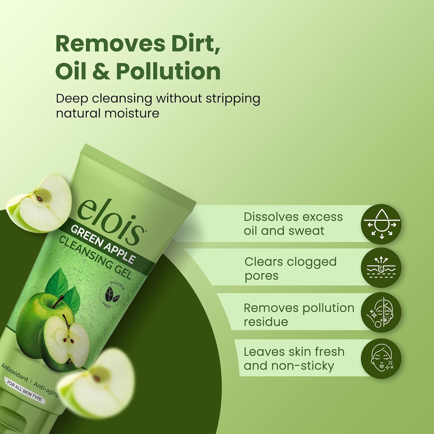 Elois Face Cleanser Gel Foaming Face Wash For Deep Cleansing & Hydrating With Green Apple Extract For Oily Acne Prone Skin For Men Women & Girls – 100gm