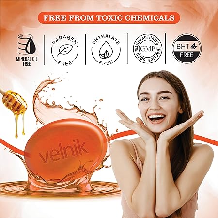 Velnik Glycerin Soap With Honey Extract Bathing Bar Soap for Soft, Glowing, Moisturizes Skin & Body, Paraben-Free Body Soaps For Bath Ideal for Men & Women 75 GM (Pack of 3,4 & 6)