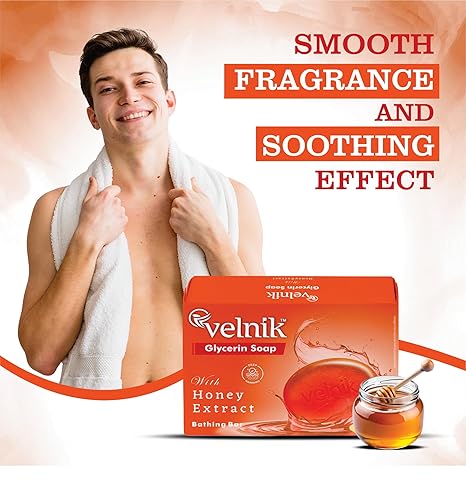 Velnik Glycerin Soap With Honey Extract Bathing Bar Soap for Soft, Glowing, Moisturizes Skin & Body, Paraben-Free Body Soaps For Bath Ideal for Men & Women 125 GM (Pack of 3,4 & 6)