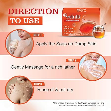 Velnik Glycerin Soap With Honey Extract Bathing Bar Soap for Soft, Glowing, Moisturizes Skin & Body, Paraben-Free Body Soaps For Bath Ideal for Men & Women 125 GM (Pack of 3,4 & 6)