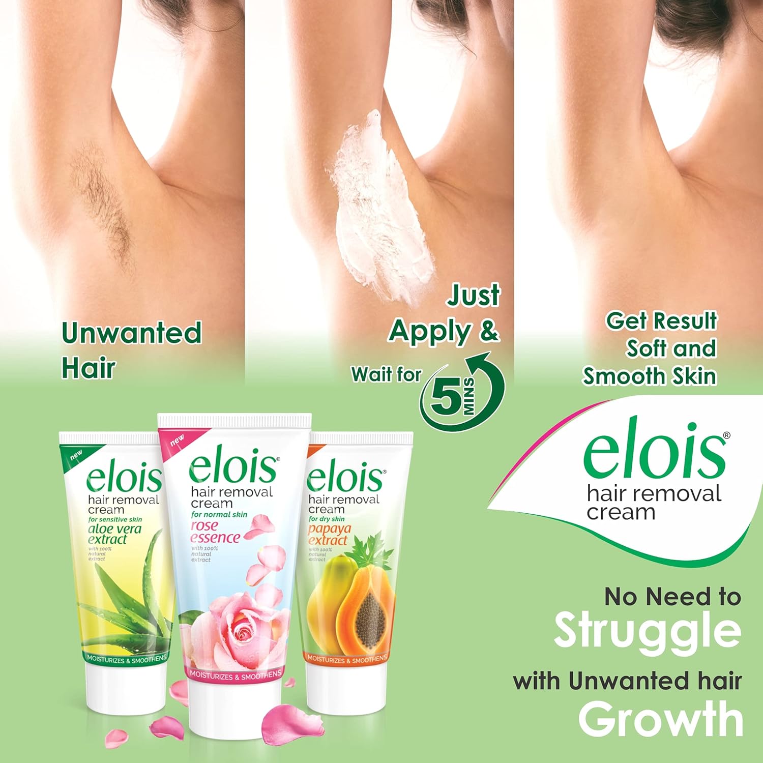 Elois Hair Removal Cream for Women & Girls | Hair Remover Cream for Bikini Area & Private Parts | Silky Soft Skin with Papaya Essence | For Legs, Underarms & Arms – 25g (Pack of 3)
