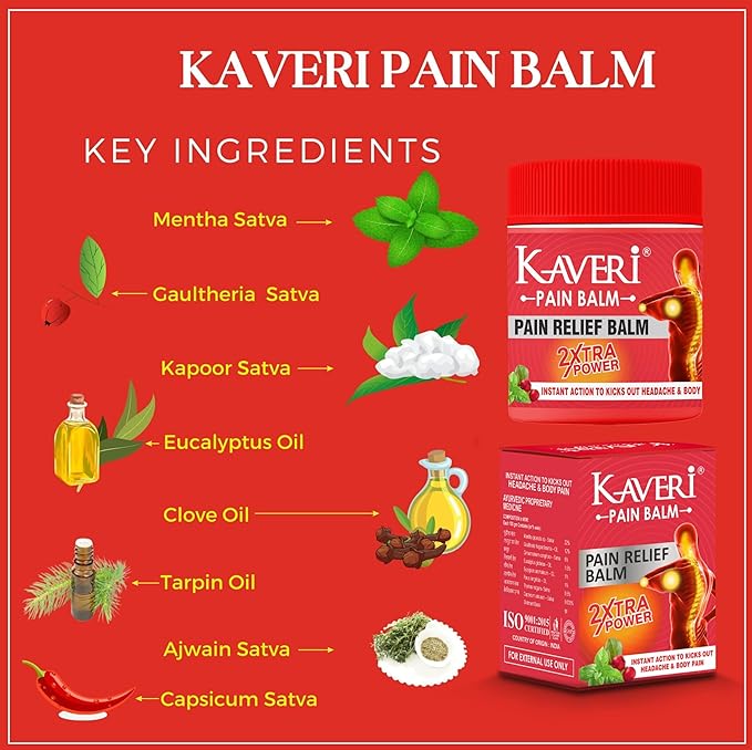 Kaveri Pain balm 2X Xtra PowerAyurvedic balm for effective Relief from Headache and Body pain,Sprain Muscle Pain, Joint Pain, Knee Pain and Cold (pack of 10, 8gm each)