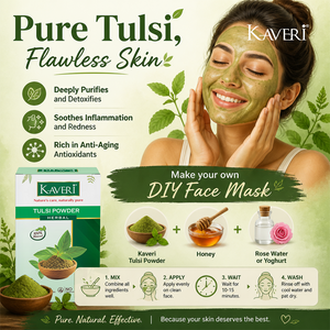 Kaveri Tulsi Powder for Skin & Hair Care | Natural Holy Basil Powder | Herbal Face Pack & Hair Mask | Helps Control Dandruff & Refresh Skin | Chemicals & Preservatives Free 200g