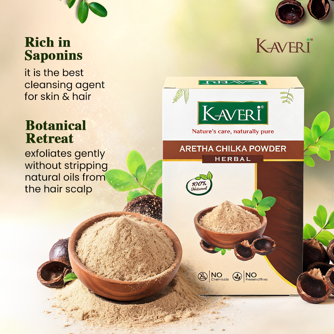 Kaveri Aretha Chilka Powder for Hair & Skin Care | Natural Soapnut Peel Powder | Herbal Hair Cleanser & Face Cleanser | Helps Remove Excess Oil & Dirt | Chemicals & Preservatives Free | 200g