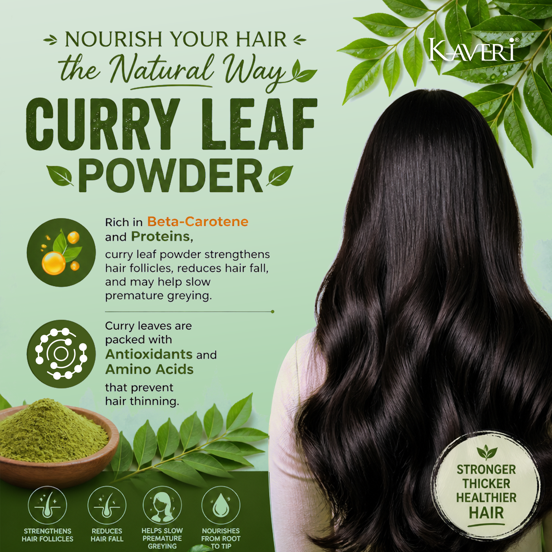 Kaveri Curry Leaves Powder for Hair Care – 100% Natural Curry Patta Powder | Herbal Hair Mask & Scalp Care |Chemicals & Preservatives Free 200gm