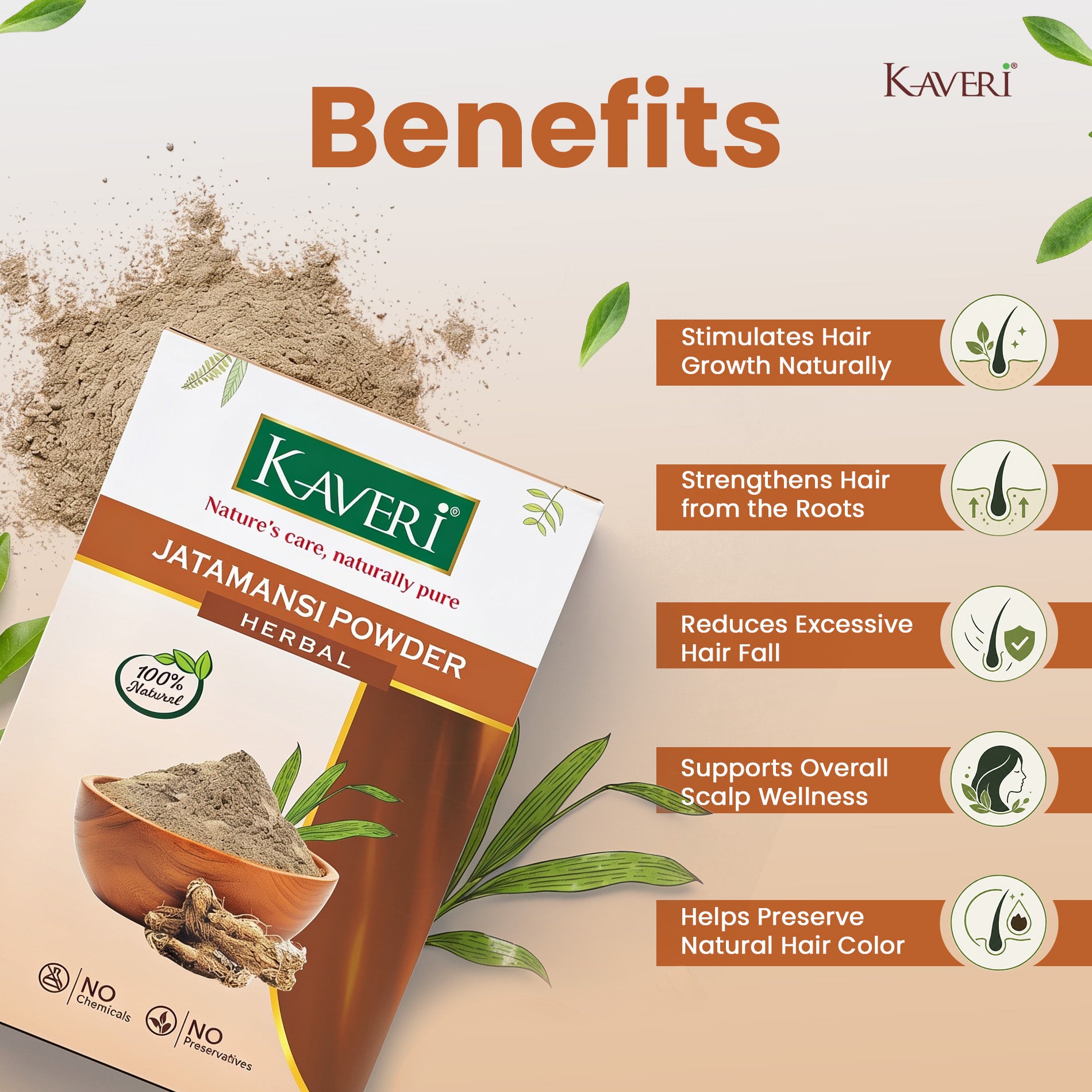 Kaveri Jatamansi Powder for Hair & Skin Care – Natural Herbal Jatamansi Root Powder | Hair Growth & Scalp Care | DIY Face Pack | Chemicals & Preservatives free 200gm