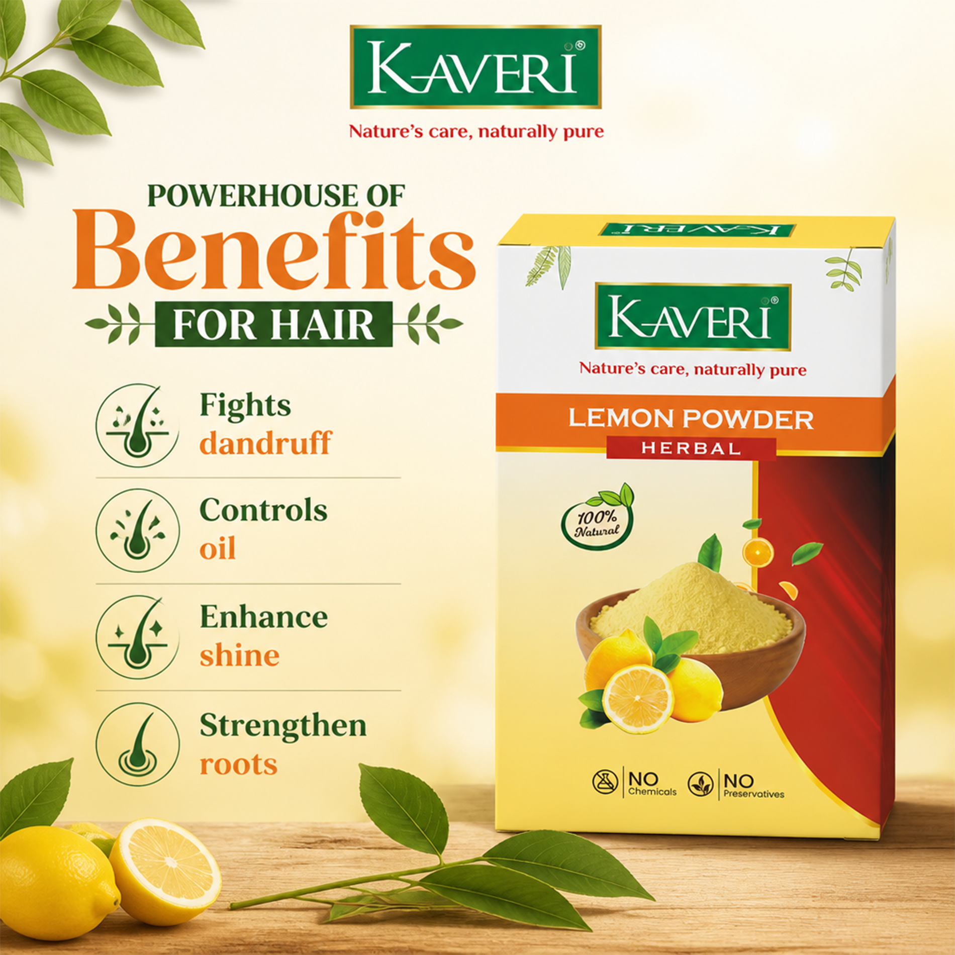 Kaveri Lemon Powder for Hair & Skin Care | Natural Lemon Peel Powder | Herbal Face Pack & Hair Mask | Supports Oil Control & Glowing Skin | Chemicals & Preservatives Free 200g