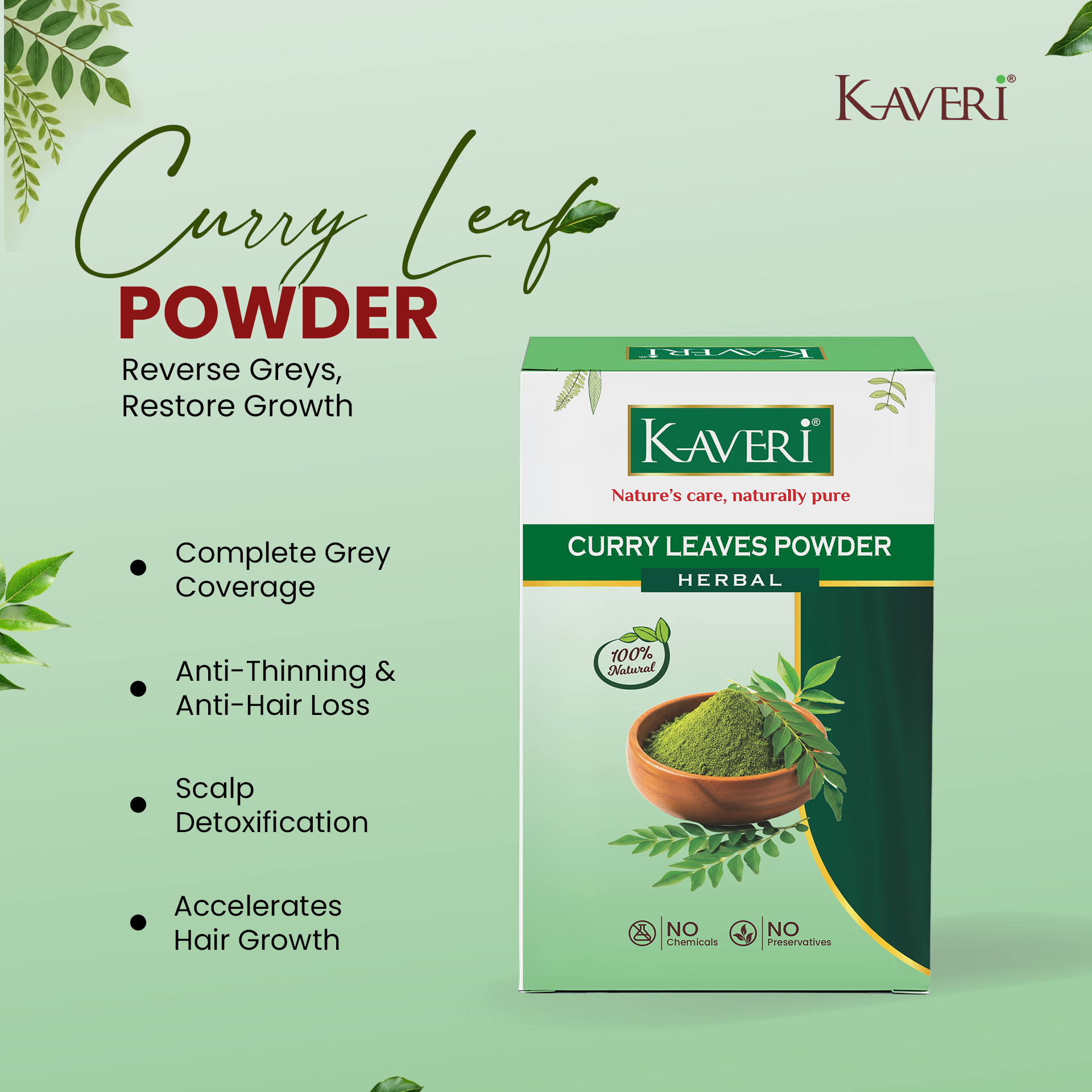 Kaveri Curry Leaves Powder for Hair Care – 100% Natural Curry Patta Powder | Herbal Hair Mask & Scalp Care |Chemicals & Preservatives Free 200gm
