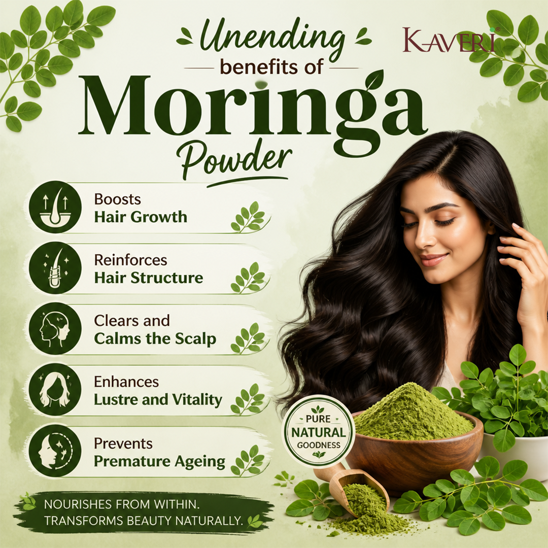 Kaveri Moringa Powder for Hair & Skin Care | Natural Moringa Leaf Powder | Herbal Face Pack & Hair Mask | Supports Healthy Hair & Glowing Skin | Chemicals & Preservatives Free 200g