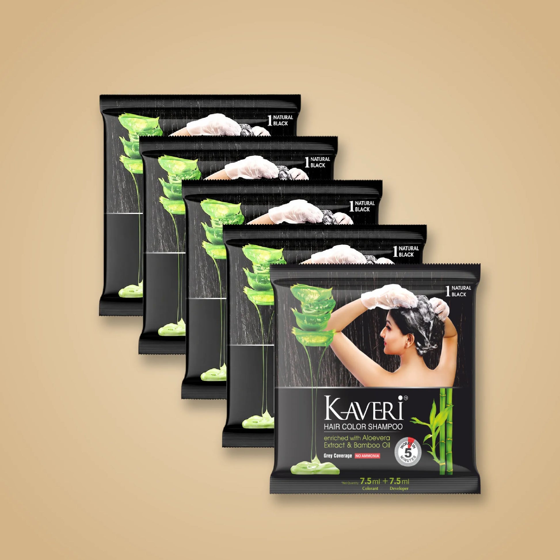 Kaveri Black Hair Shampoo for Men & Women, Natural Black Hair Colour with Aloe Vera & Bamboo Extract | Pack of 5 Sachets
