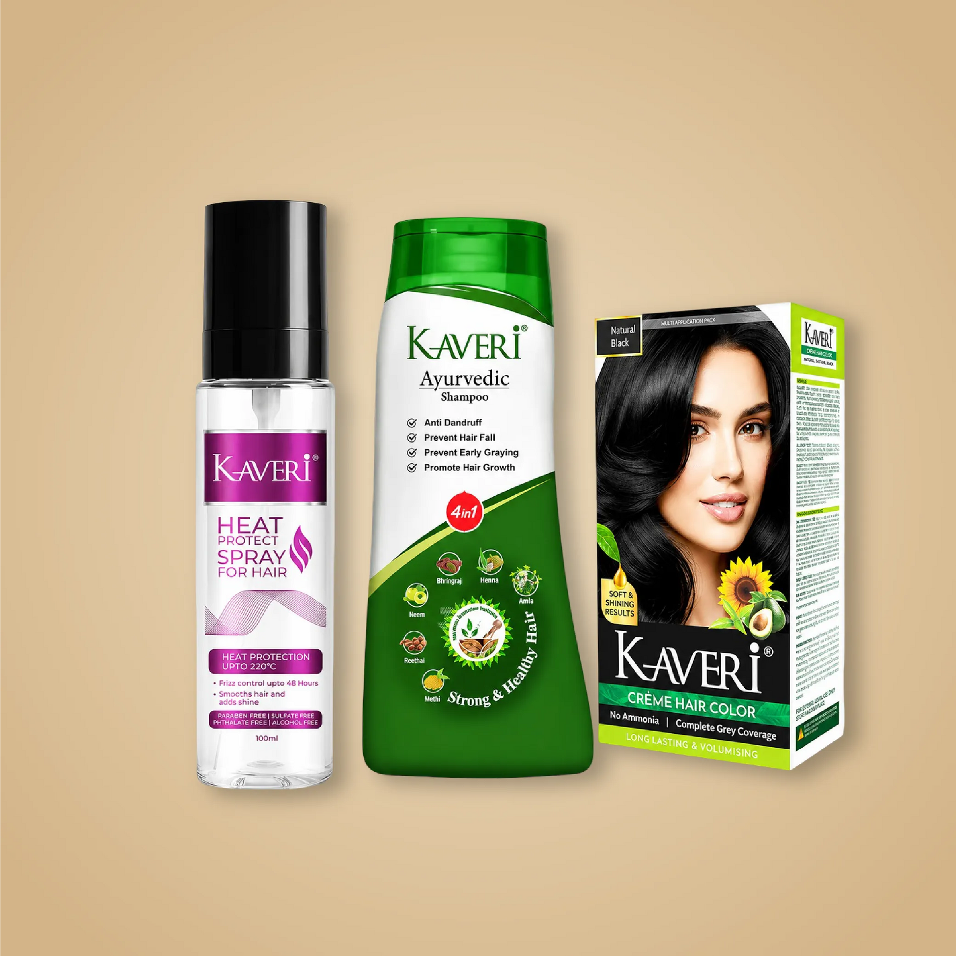 Kaveri Complete Hair Care Combo – Heat Protect Spray + Ayurvedic Shampoo + Natural Black Hair Color