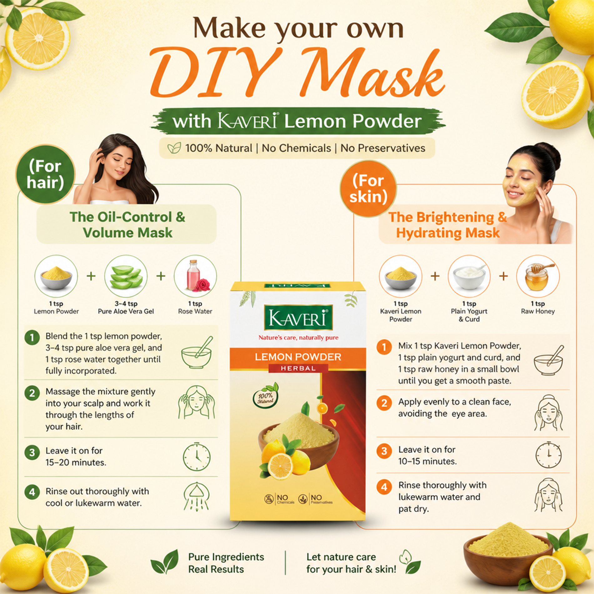 Kaveri Lemon Powder for Hair & Skin Care | Natural Lemon Peel Powder | Herbal Face Pack & Hair Mask | Supports Oil Control & Glowing Skin | Chemicals & Preservatives Free 200g