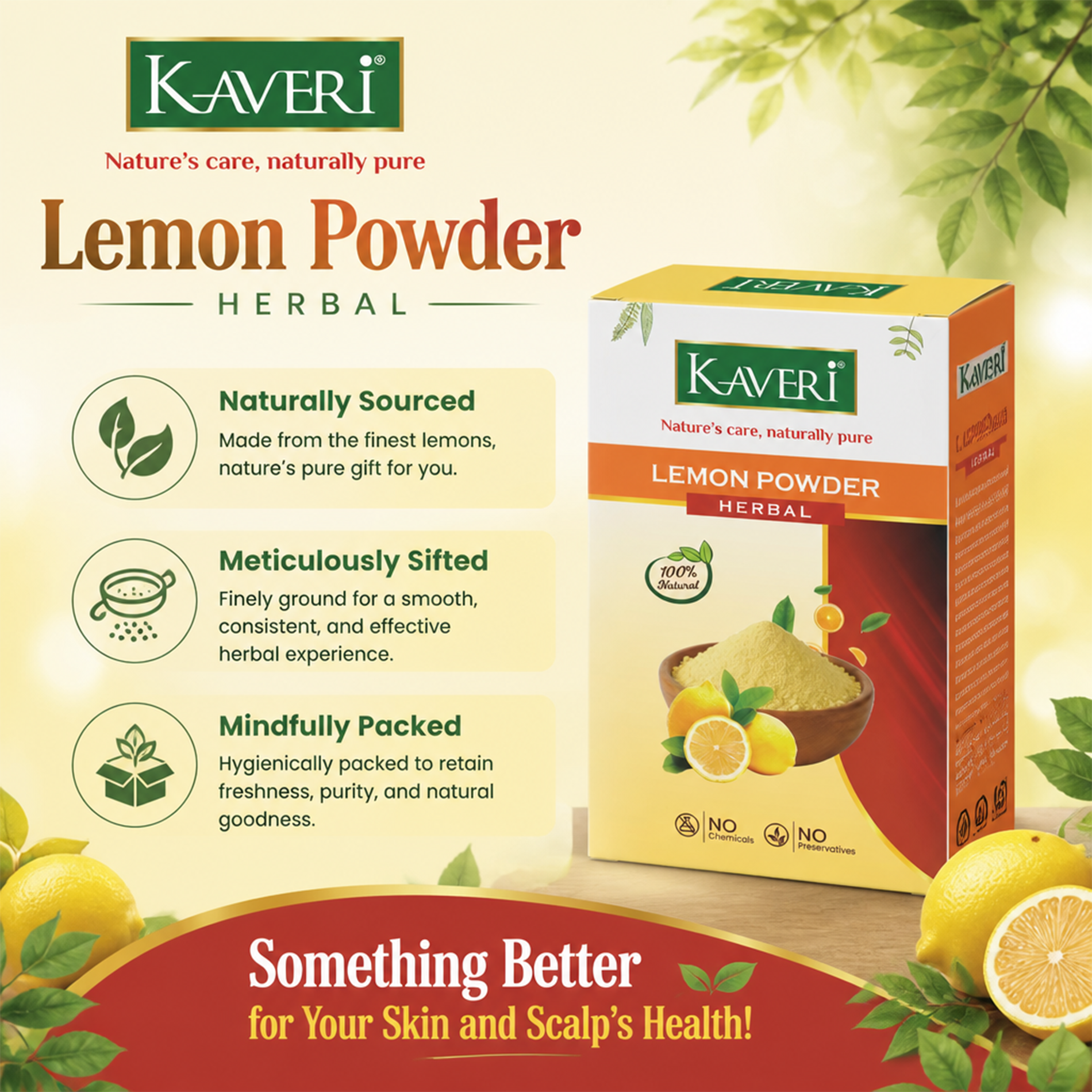 Kaveri Lemon Powder for Hair & Skin Care | Natural Lemon Peel Powder | Herbal Face Pack & Hair Mask | Supports Oil Control & Glowing Skin | Chemicals & Preservatives Free 200g