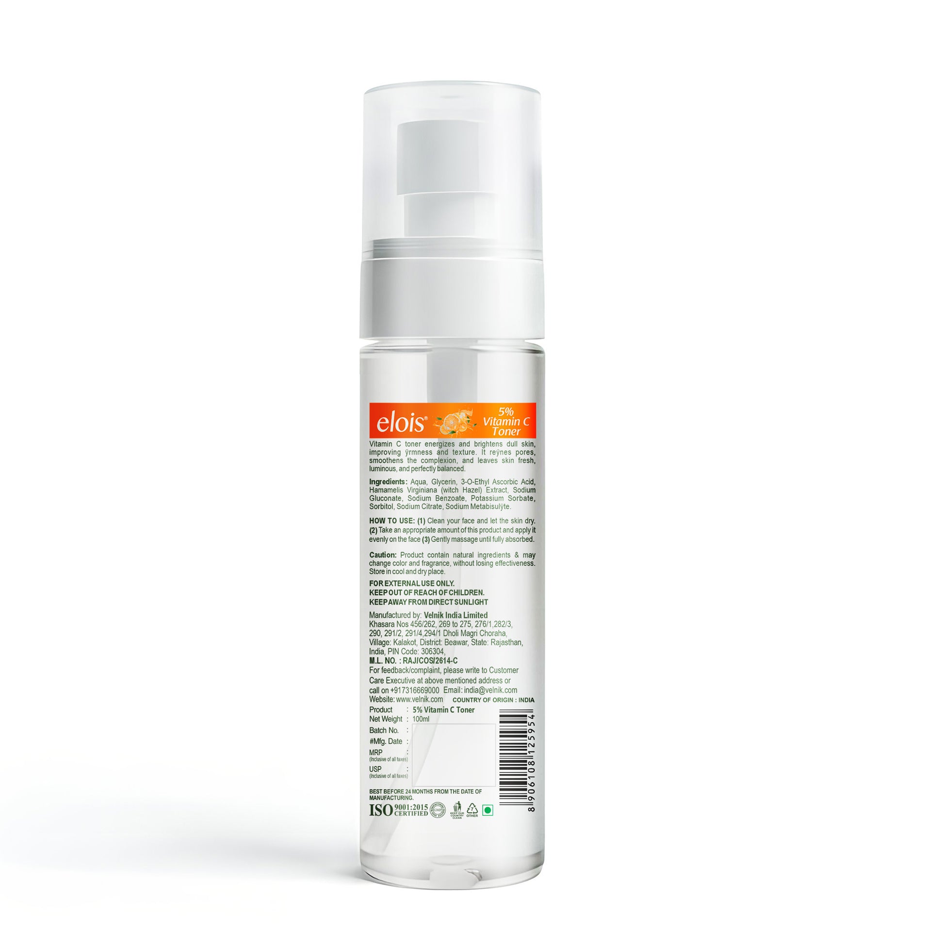 Elois 5% Vitamin C Toner for Face | Brightening & Hydrating Toner | Tightens Pores & Smooths Skin Texture | Paraben, Sulphate & Alcohol Free | For All Skin Types | 100 ml