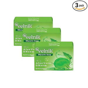 Velnik Glycerin Soap With Aloevera & Neem Extract Bathing Bar Soap for Soft, Glowing, Moisturizes Skin & Body, Paraben-Free Body Soaps For Bath Ideal for Men & Women 125 GM (Pack of 3,4 & 6)