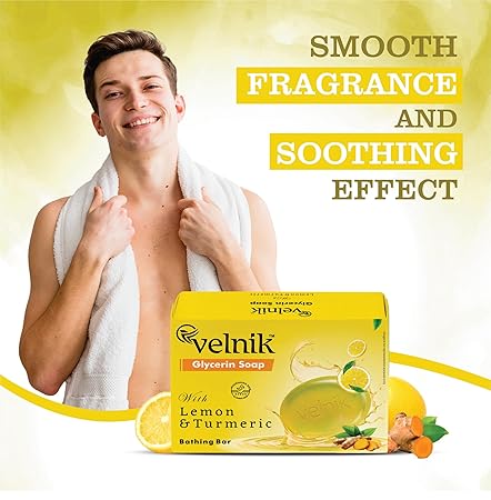 Velnik Glycerin Soap With Lemon and Turmeric Bathing Bar Soap for Soft, Glowing, Moisturizes Skin & Body, Paraben-Free Body Soaps For Bath Ideal for Men & Women 75 GM (Pack of 3,4 & 6)