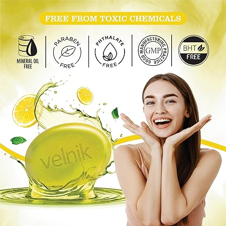 Velnik Glycerin Soap With Lemon and Turmeric Bathing Bar Soap for Soft, Glowing, Moisturizes Skin & Body, Paraben-Free Body Soaps For Bath Ideal for Men & Women 100 GM (Pack of 3,4 & 6)