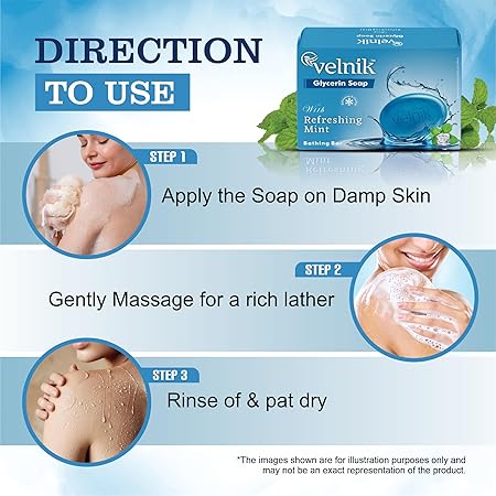 Velnik Glycerin Soap With Mint Gentle Cleansing Hydrates Refreshment Skin Body Wash for Women & Men with Skin Conditioners for Radiant Glow & Moisturised Suitable for All Skin Types 125 gm (Pack Of 3, 4 & 6)