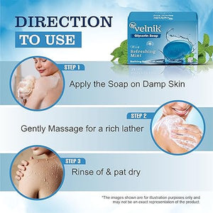 Velnik Glycerin Soap With Mint Gentle Cleansing Hydrates Refreshment Skin Body Wash for Women & Men with Skin Conditioners for Radiant Glow & Moisturised Suitable for All Skin Types 125 gm (Pack Of 3, 4 & 6)