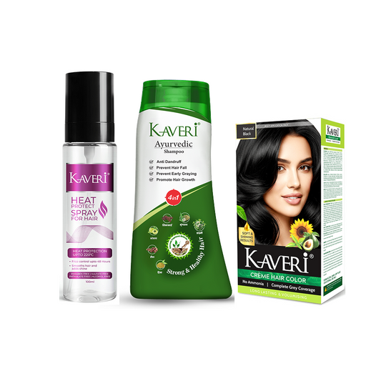 Kaveri Complete Hair Care Combo – Heat Protect Spray + Ayurvedic Shampoo + Natural Black Hair Color