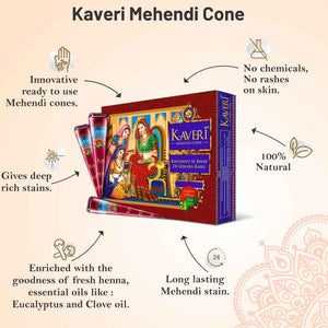 Kaveri Natural Henna Mehandi Cone for Hands & Hair Herbal Rajasthani Henna Paste in Natural Dark Brown Color With Nilgiri Oil for Bridal Dulhan Wedding Occasion Instant Mehendi Cone - Pack of 12 Cones