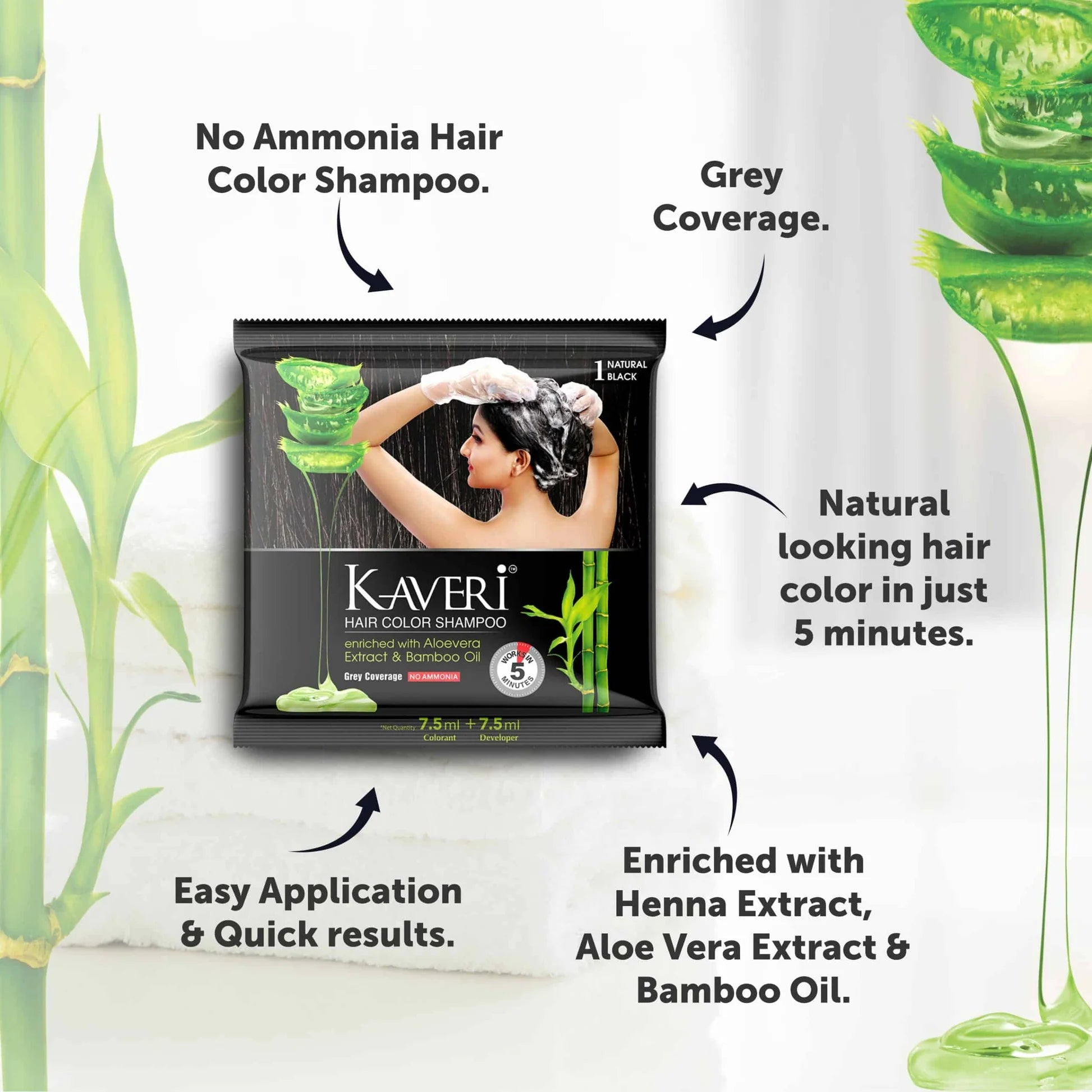 Kaveri Shampoo Hair Colour Black For Men & Women Pack Of 4 (Natural Black) - No Ammonia No Parabens Free Enriched With Aloe Vera Extract Bamboo Oil
