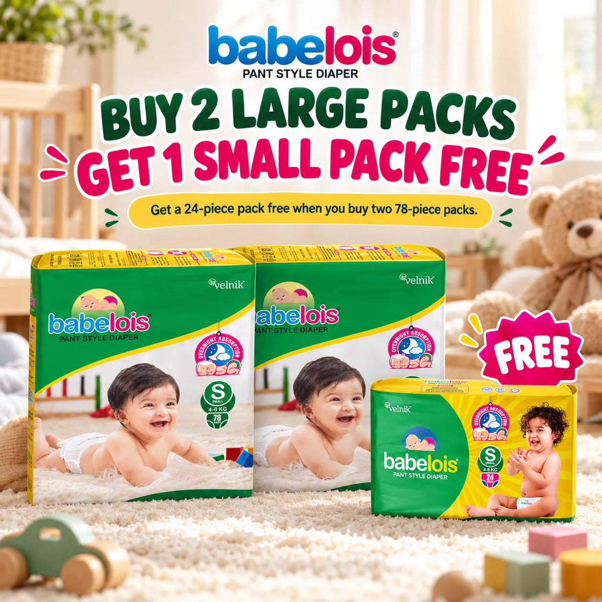 Babelois Baby Diaper Deal – 2 Large Pant Style Diaper Packs + 1 Small Pack Free