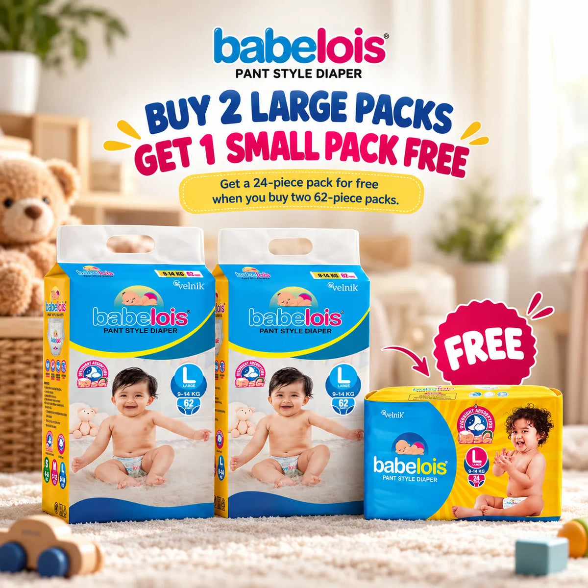 Babelois Baby Diaper Deal – 2 Large Pant Style Diaper Packs + 1 Small Pack Free