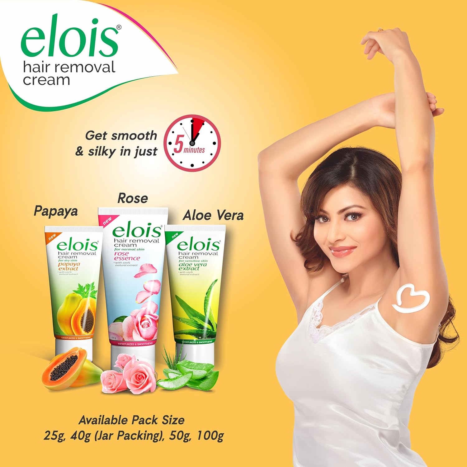 Elois Hair Removal Cream for Women & Girls | Hair Remover Cream for Bikini Area & Private Parts | Silky Soft Skin with Papaya Essence | For Legs, Underarms & Arms – 100g (Pack of 2)