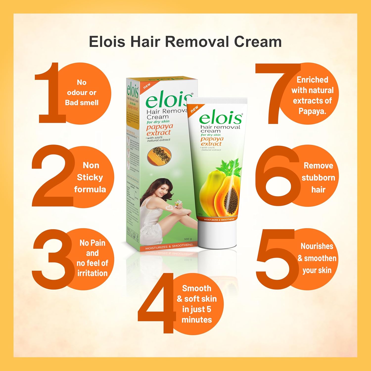 Elois Hair Removal Cream for Women & Girls | Hair Remover Cream for Bikini Area & Private Parts | Silky Soft Skin with Papaya Essence | For Legs, Underarms & Arms – 100g (Pack of 2)