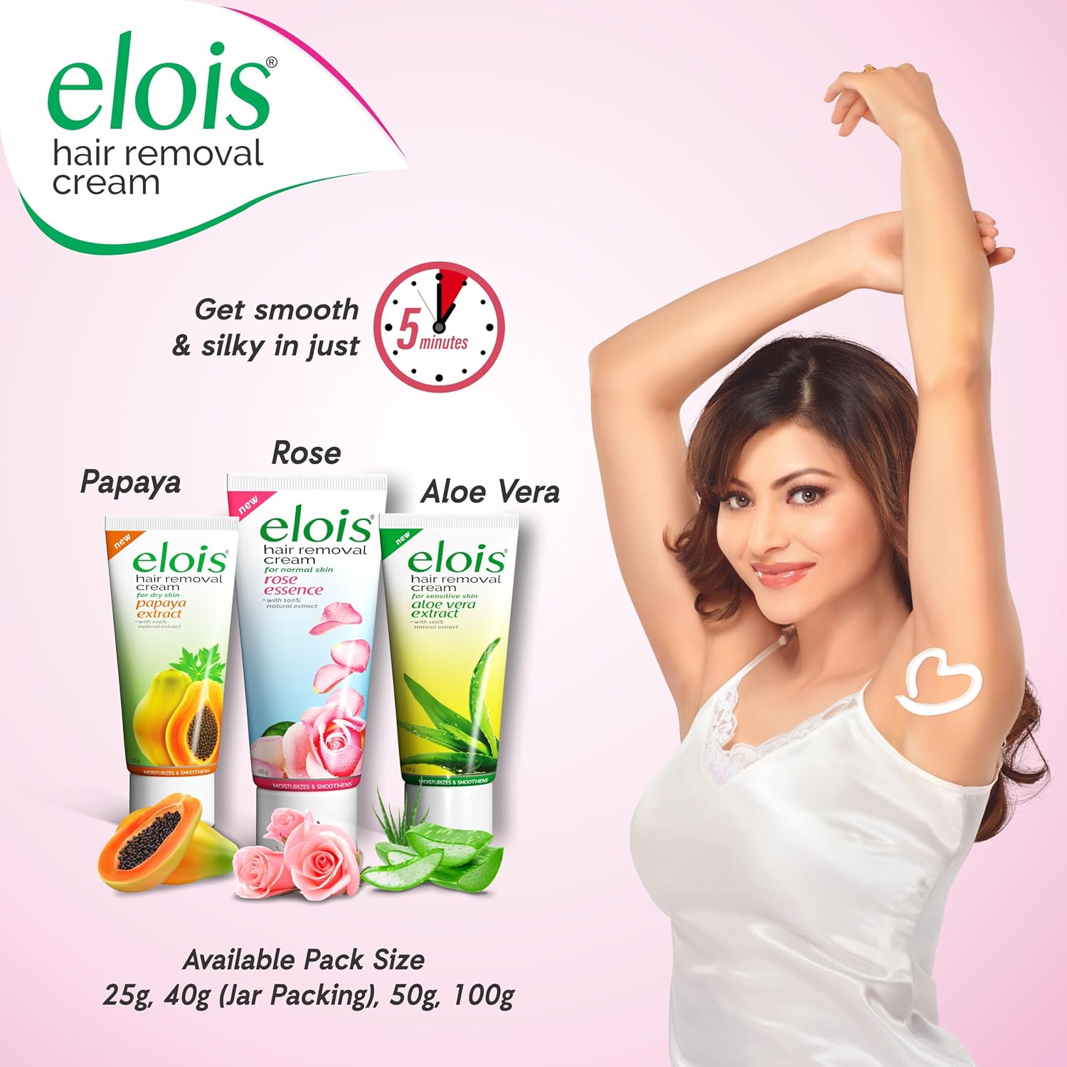 Elois Hair Removal Cream for Women & Girls | Hair Remover Cream for Bikini Area & Private Parts | Silky Soft Skin with Rose Essence | For Legs, Underarms & Arms – 100g (Pack of 2)