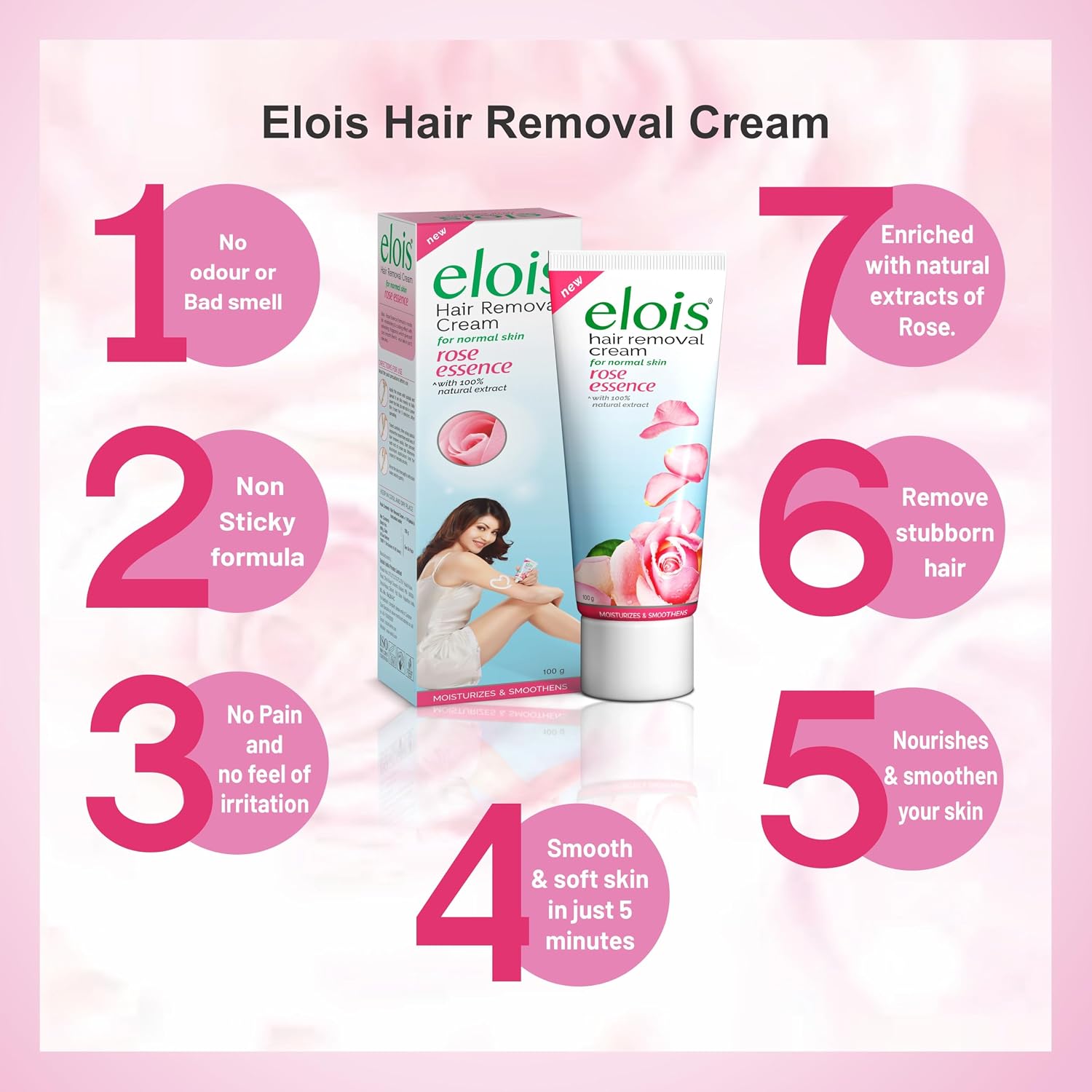 Elois Hair Removal Cream for Women & Girls | Hair Remover Cream for Bikini Area & Private Parts | Silky Soft Skin with Rose Essence | For Legs, Underarms & Arms – 100g (Pack of 2)