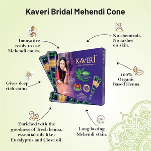 Kaveri Natural Henna Bridal Mehandi Cone for Hands & Hair Herbal Rajasthani Henna Paste in Natural Dark Brown Color With Nilgiri Oil for Dulhan Wedding Occasion Instant Mehendi Cone - 30 gm each - Pack of 12