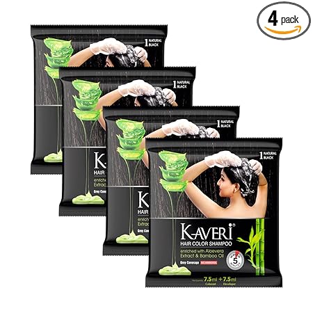 Kaveri Shampoo Hair Colour Black For Men & Women Pack Of 4 (Natural Black) - No Ammonia No Parabens Free Enriched With Aloe Vera Extract Bamboo Oil
