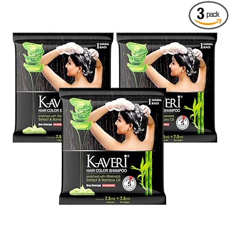 Kaveri Shampoo Hair Colour Black For Men & Women Pack Of 3 (Natural Black) – No Ammonia No Parabens Free Enriched With Aloe Vera Extract Bamboo Oil