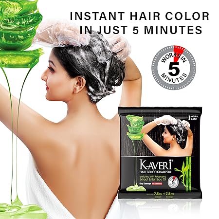 Kaveri Shampoo Hair Colour Black For Men & Women Pack Of 5 (Natural Black) - No Ammonia No Parabens Free Enriched With Aloe Vera Extract Bamboo Oil