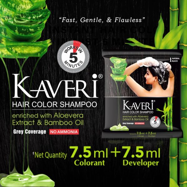 Kaveri Shampoo Hair Colour Black For Men & Women Pack Of 5 (Natural Black) - No Ammonia No Parabens Free Enriched With Aloe Vera Extract Bamboo Oil