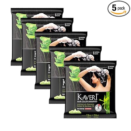 Kaveri Shampoo Hair Colour Black For Men & Women Pack Of 5 (Natural Black) - No Ammonia No Parabens Free Enriched With Aloe Vera Extract Bamboo Oil