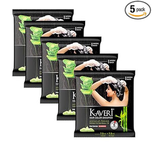 Kaveri Shampoo Hair Colour Black For Men & Women Pack Of 5 (Natural Black) - No Ammonia No Parabens Free Enriched With Aloe Vera Extract Bamboo Oil