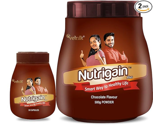 Nutrigain Plus Ayurvedic Weight Gain Powder – Natural Nutrition Supplement for Healthy Weight Gain + 30 Capsules FREE