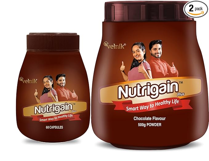 Nutrigain Plus Ayurvedic Weight Gainer Supplement Powder and Capsules 500 gm Powder with 60 Capsules Combo.